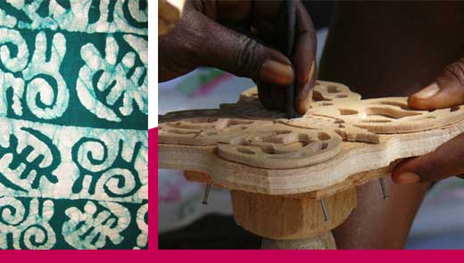 Hand carved batik stamps & an example of a batik fabric produced by the women