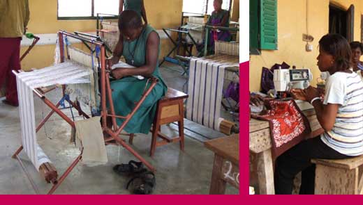 Women hand weaving cotton fabrics on traditional looms & sewing the batik fabric into finished products